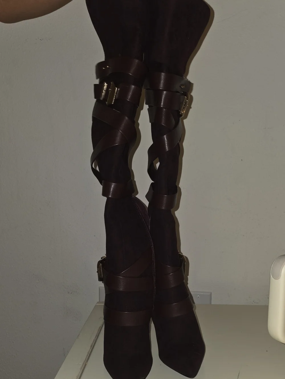 Knee-High Strappy Brown Suede Women's Boots